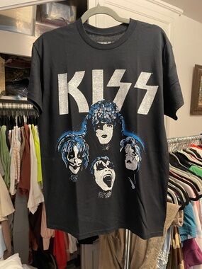 Kiss Black Tee with White Logo and Blue Accent Artwork